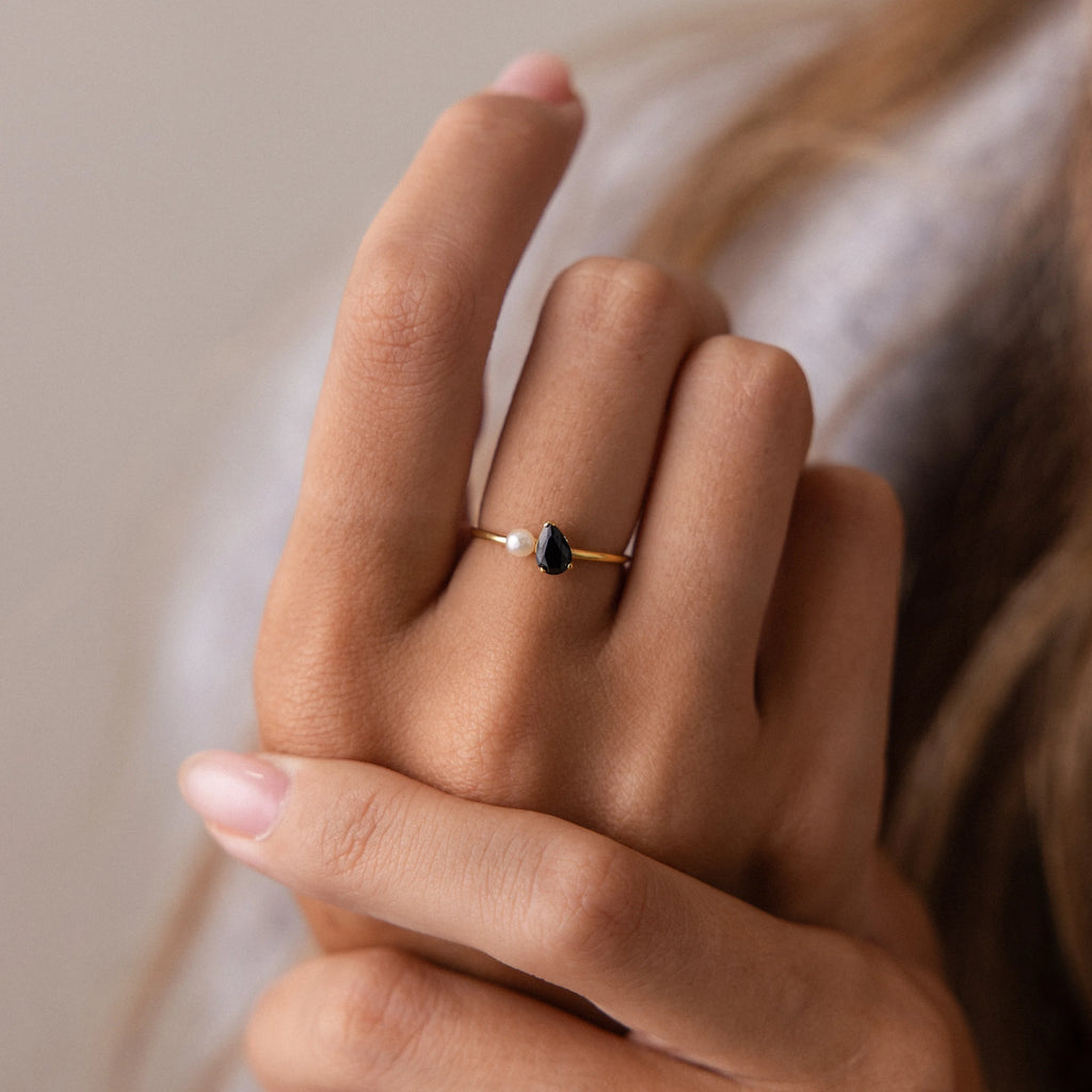 Teardrop Amethyst & Pearl Ring Silver 18K Gold Plated