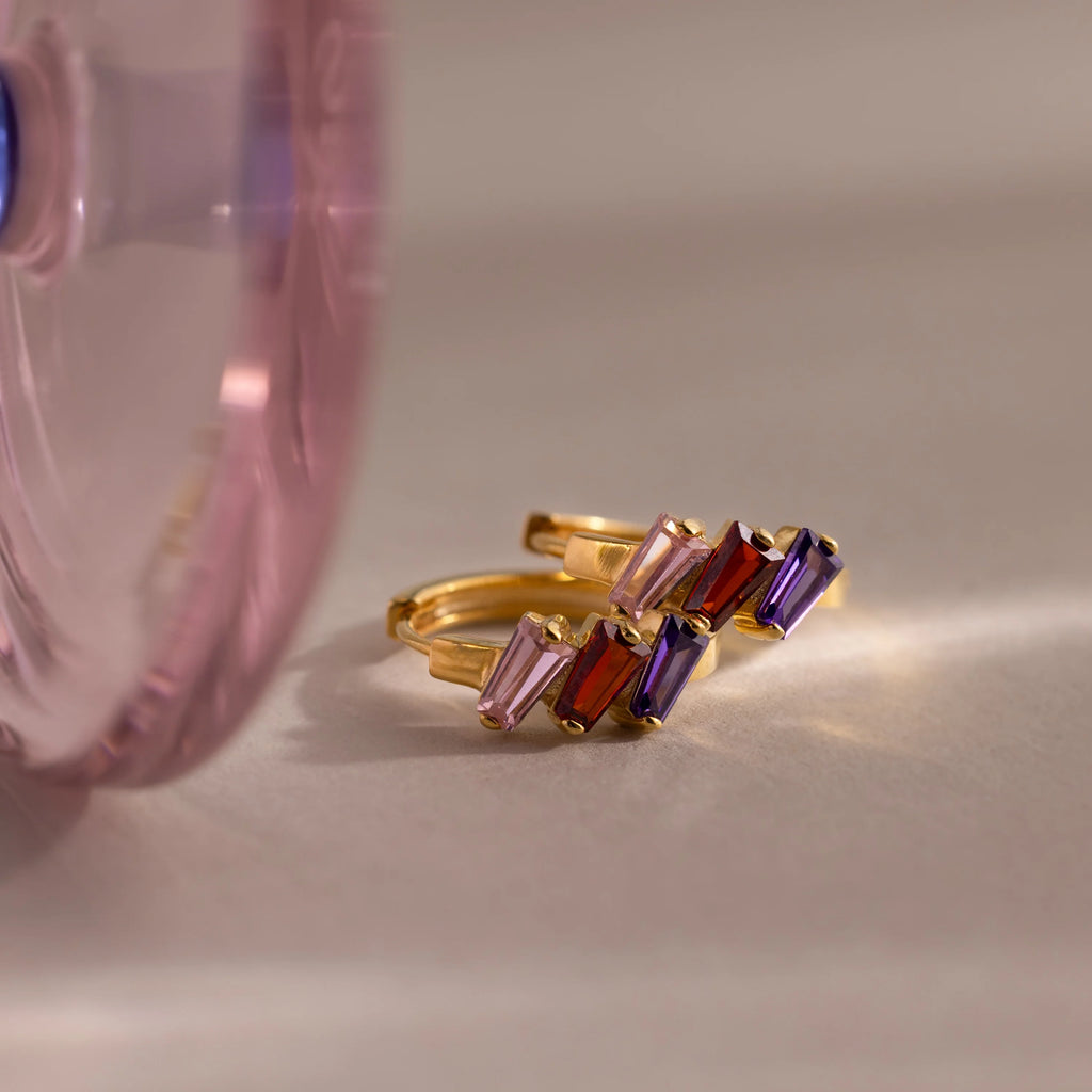 Multiple Tapered Birthstone Huggies Silver 18K Gold Plated