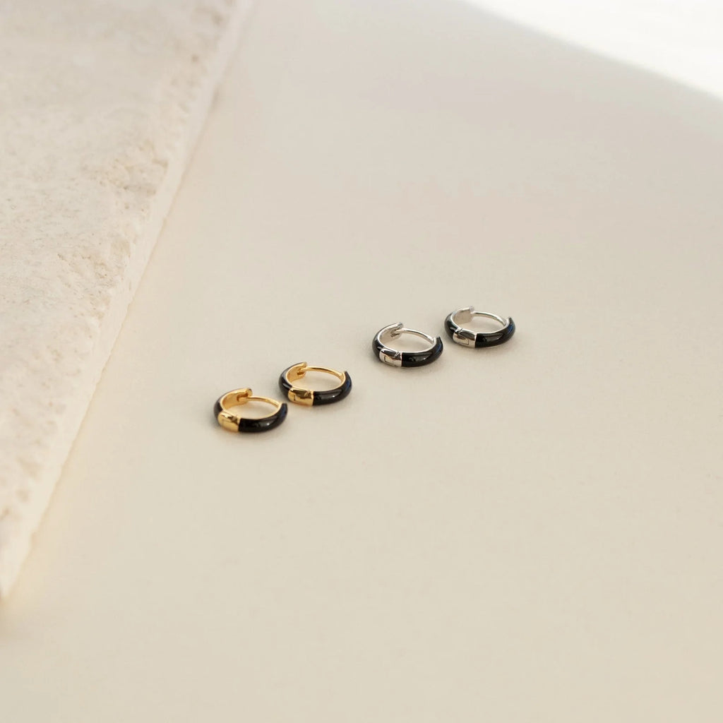 Black Enamel Huggie Hoop Earrings