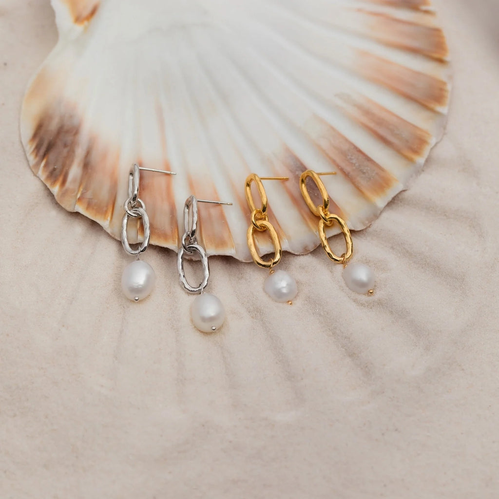 Pearl Drop Link Studs Silver 18K Gold Plated
