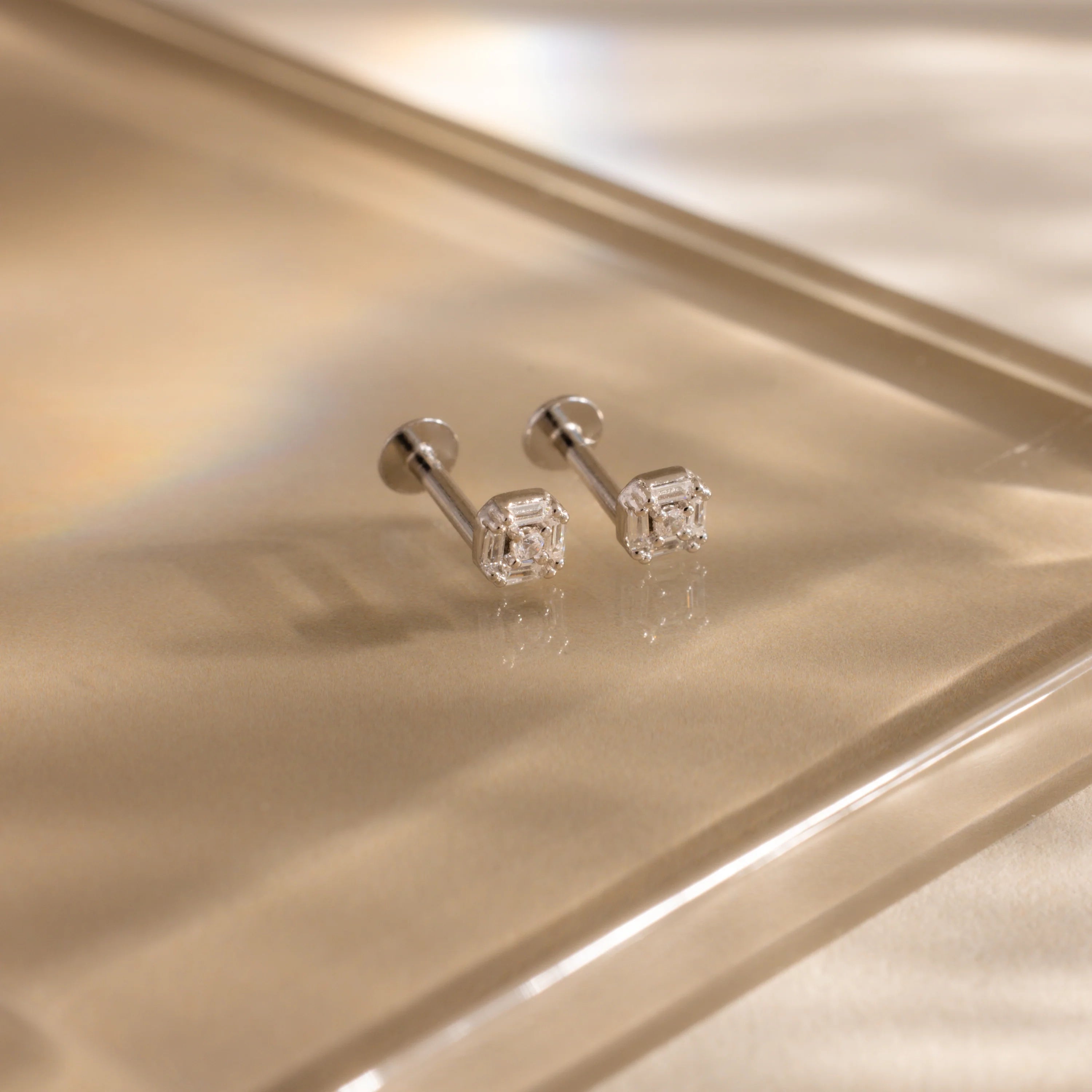 Art Deco Flatback Studs Silver 18K Gold Plated