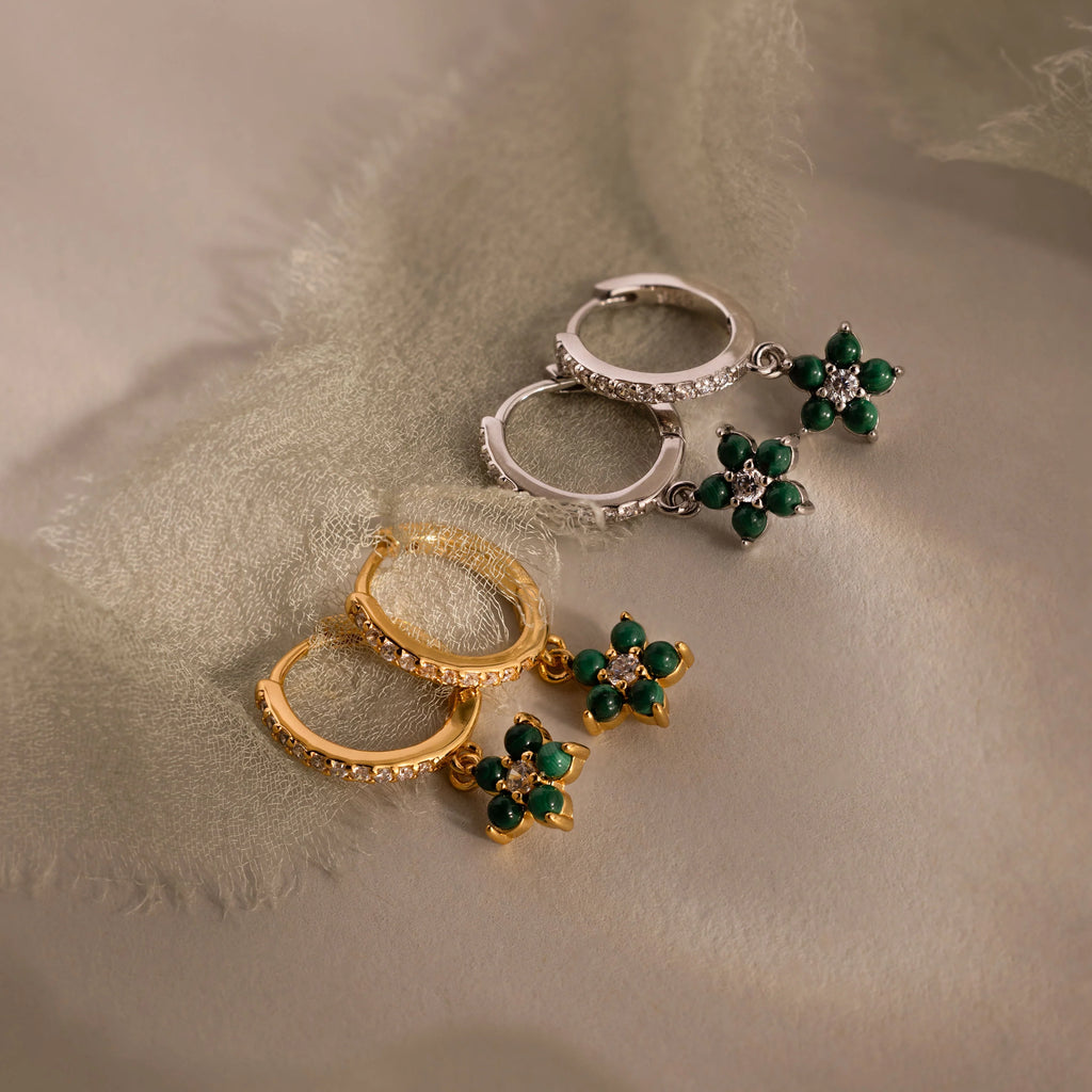 Malachite Blossom Drop Huggies Silver 18K Gold Plated