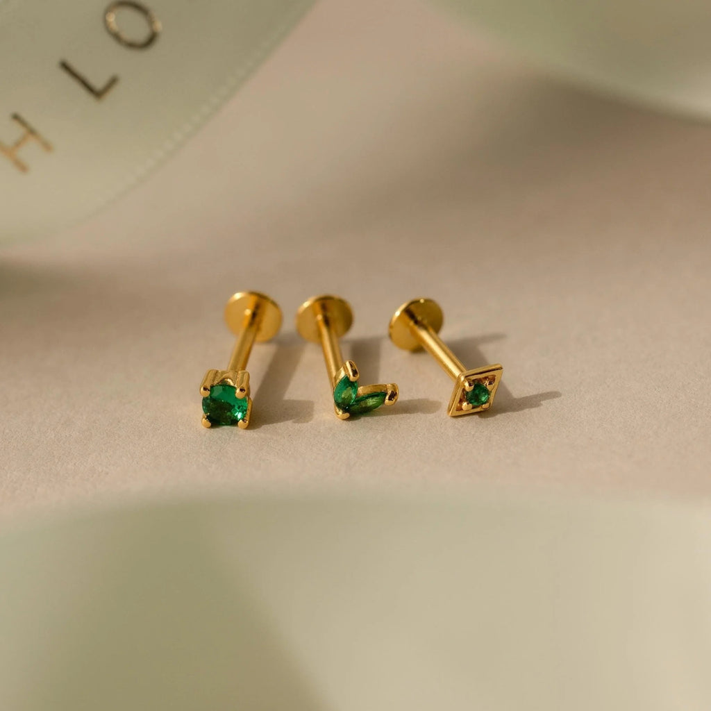 Emerald Flat Back Earring Set Silver 18K Gold Plated