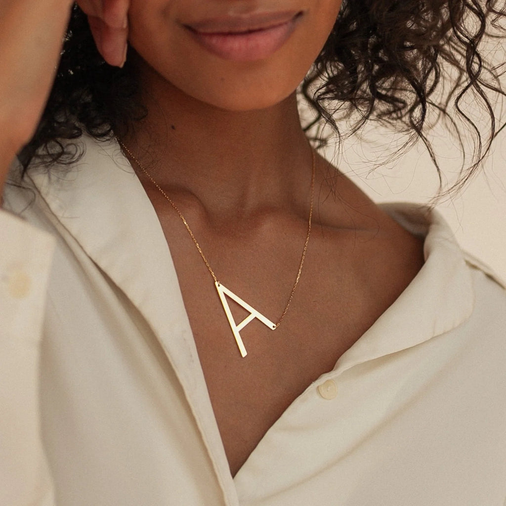 Large Sideways Initial Necklace Silver 18K Gold Plated