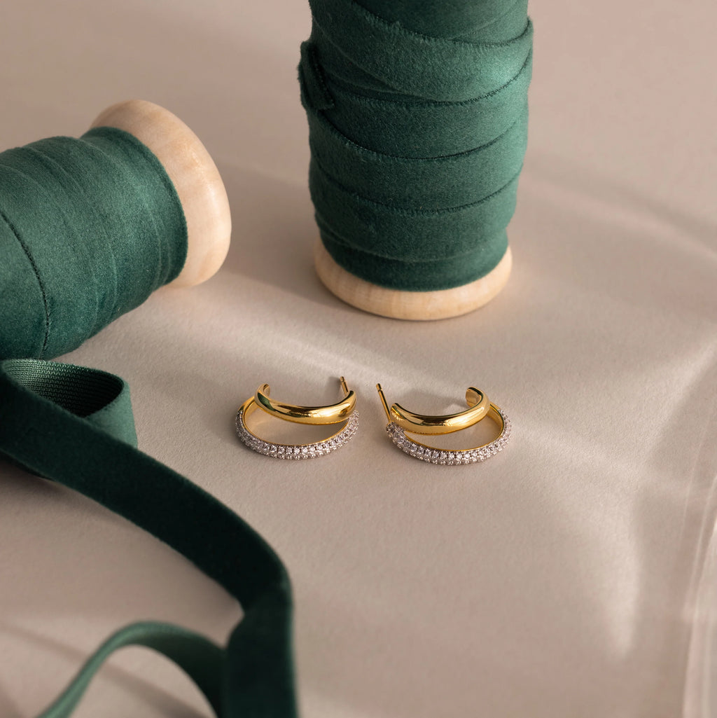 Diamond Mixed Metal Duo Pave Hoops Silver 18K Gold Plated