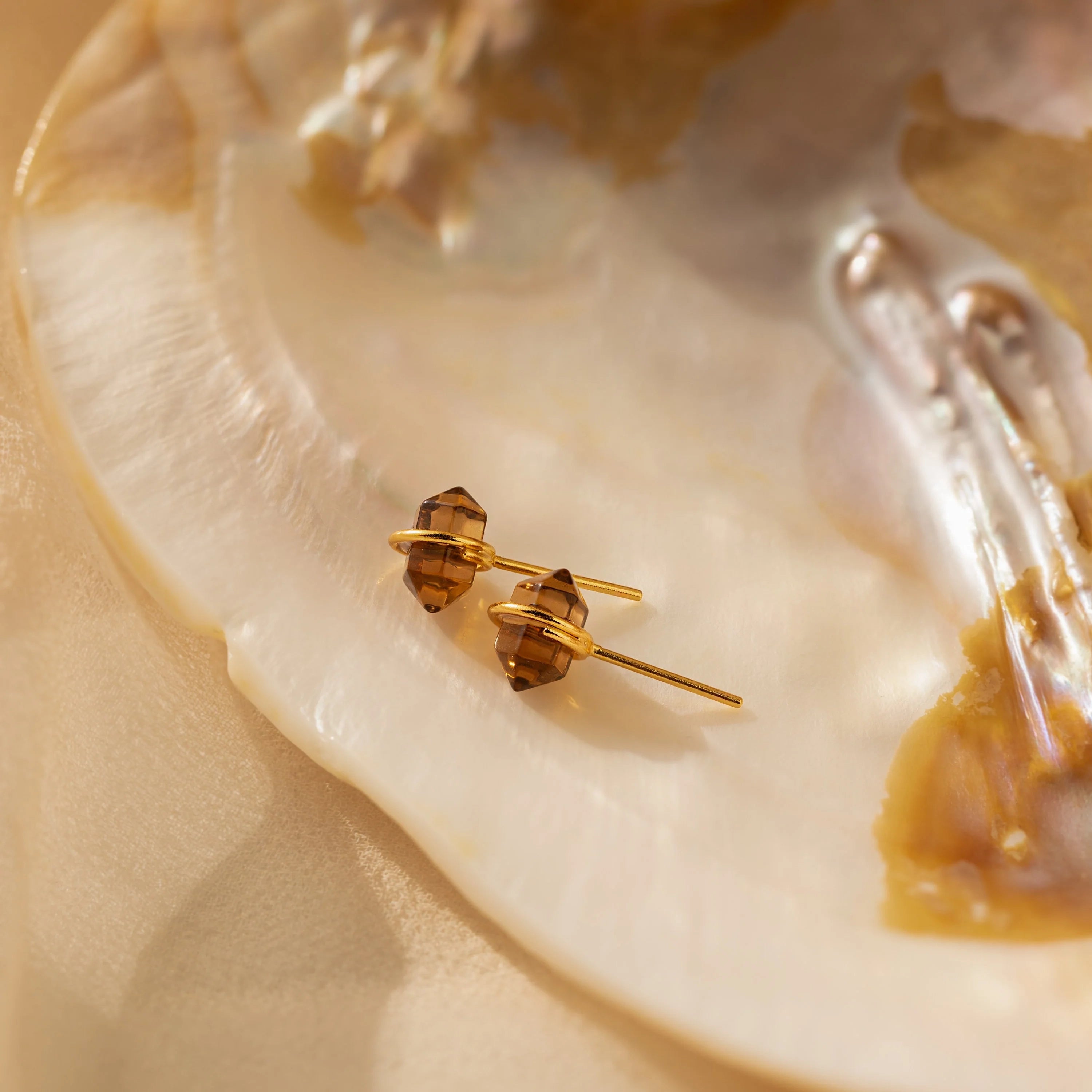 Smoky Quartz Glass Stones Studs Silver 18K Gold Plated