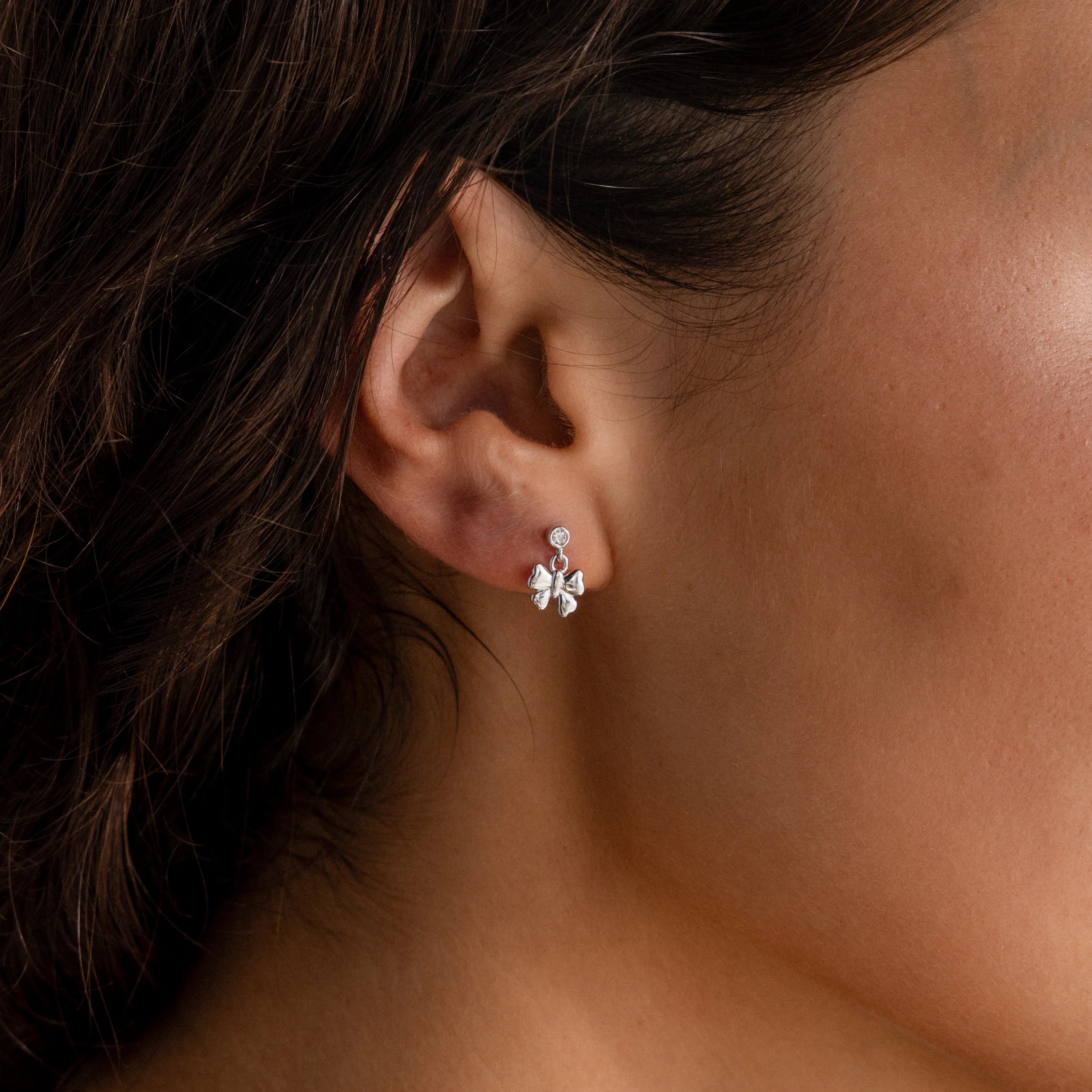 Diamond Bow Drop Studs Silver 18K Gold Plated