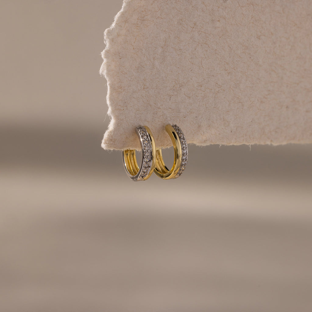 Half Pave Huggies in Mixed Metal Silver 18K Gold Plated