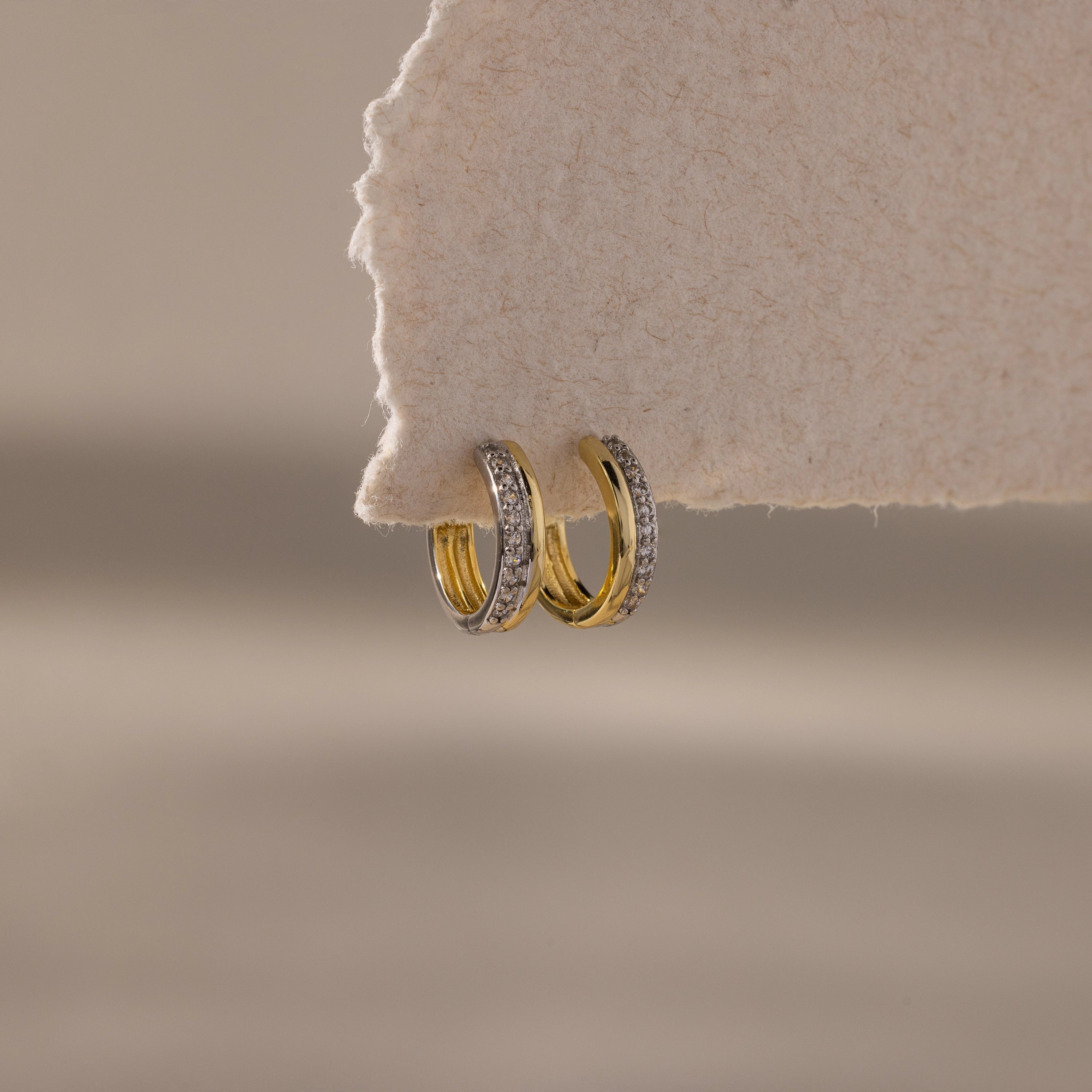 Half Pave Huggies in Mixed Metal Silver 18K Gold Plated