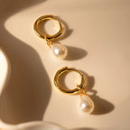 Dainty Pearl Drop Huggies in 18K Gold