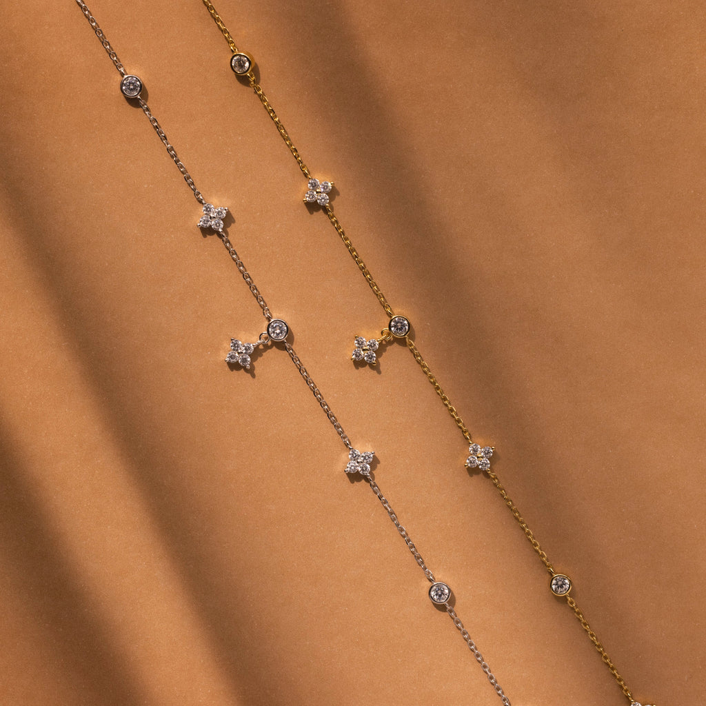 Flower Charms Ivy Diamond Station Necklace Silver 18K Gold Plated