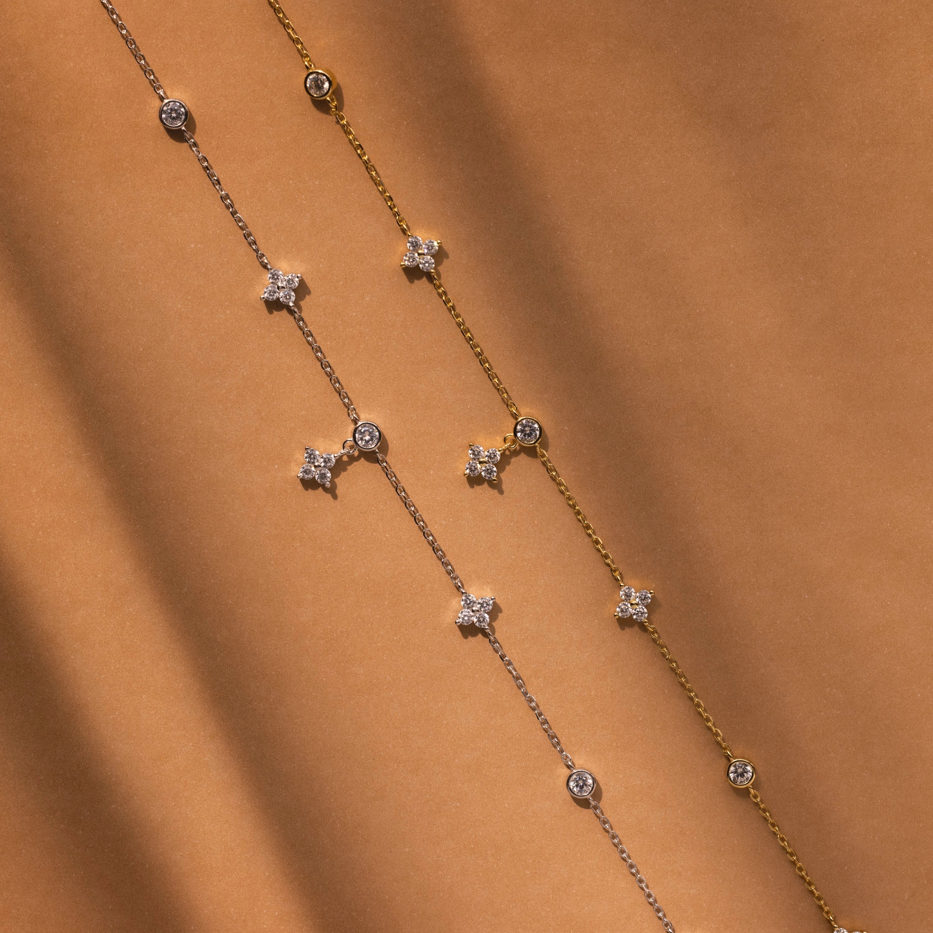 Flower Charms Ivy Diamond Station Necklace Silver 18K Gold Plated