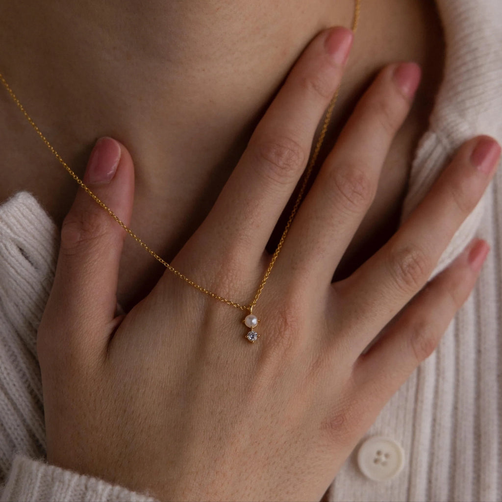 Pearl Diamond Drop Necklace Silver 18K Gold Plated