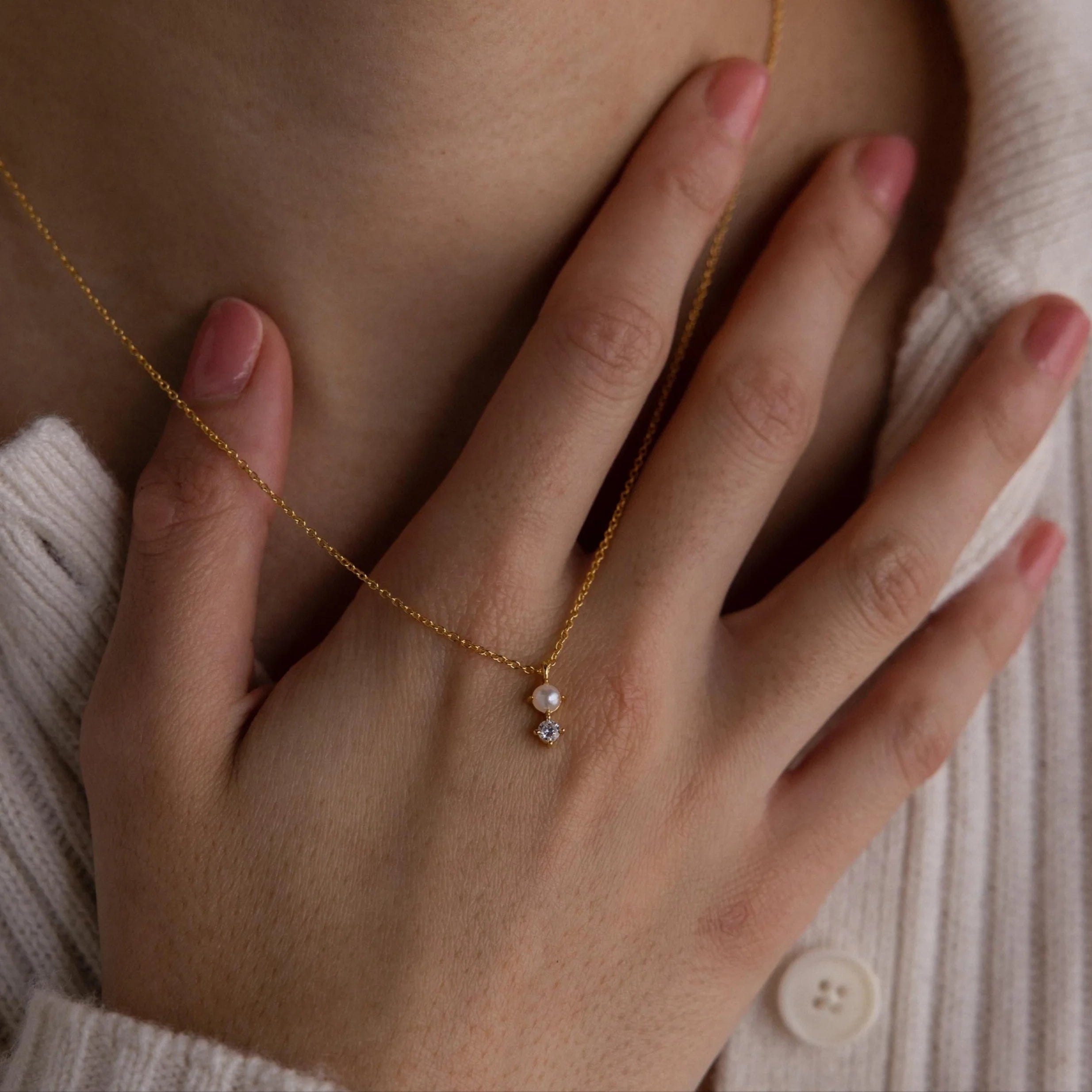 Pearl Diamond Drop Necklace Silver 18K Gold Plated