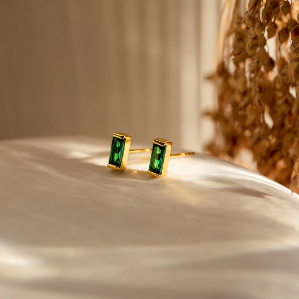 Baguette Birthstone Studs Silver 18K Gold Plated