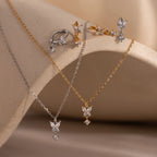 Diamond Butterfly Necklace & Earrings Set Silver 18K Gold Plated