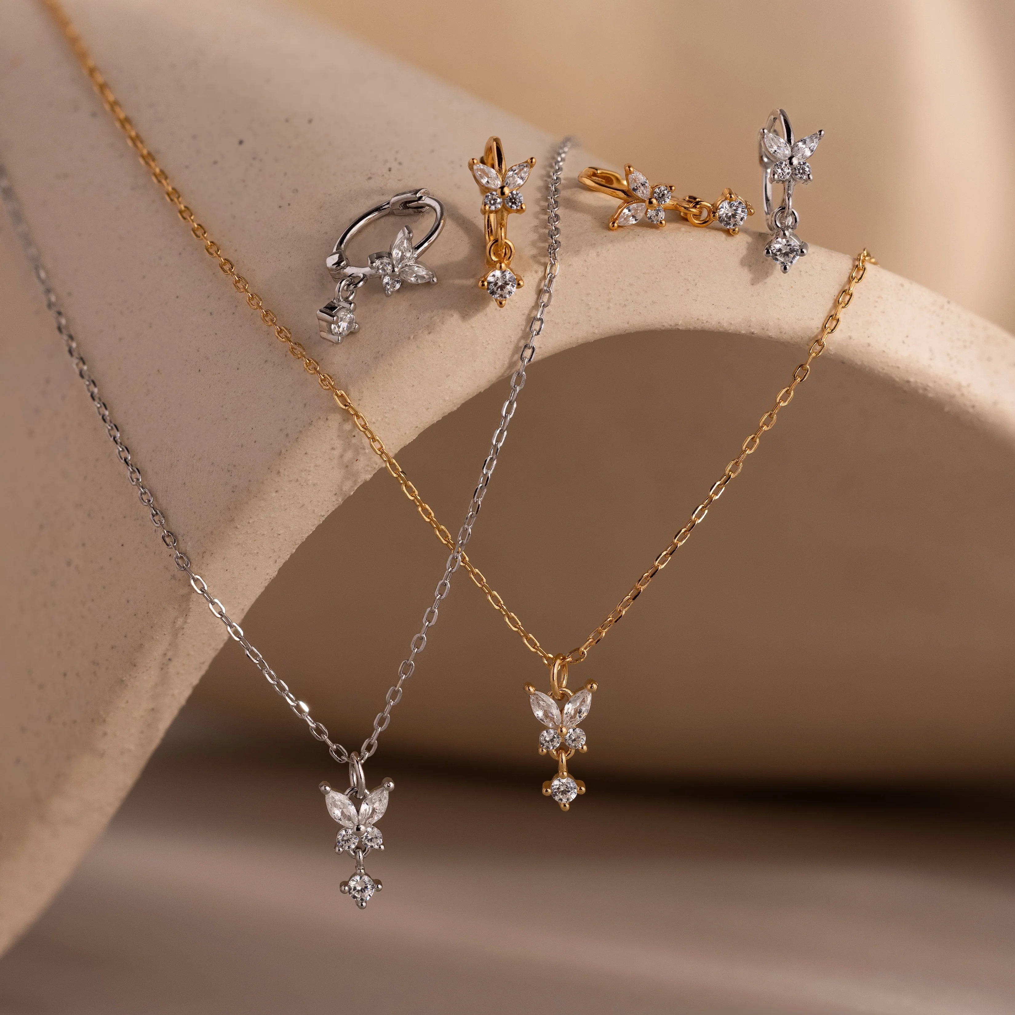 Diamond Butterfly Necklace & Earrings Set Silver 18K Gold Plated