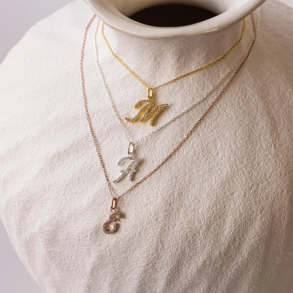 Diamond Pave Letter Charm Necklace Silver 18K Gold Plated