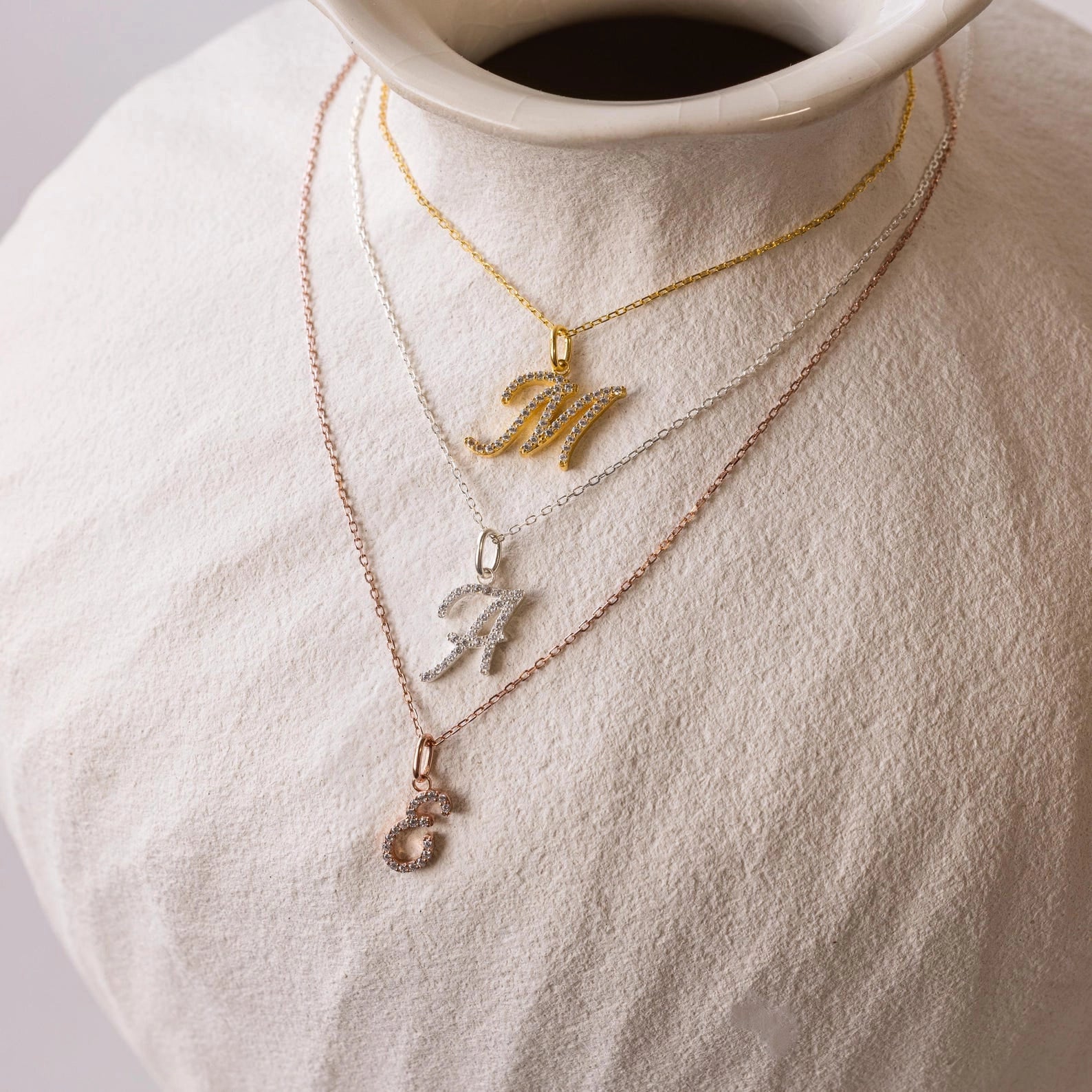 Diamond Pave Letter Charm Necklace Silver 18K Gold Plated