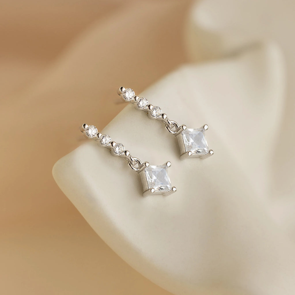 Princess Diamond Drop Studs Silver 18K Gold Plated