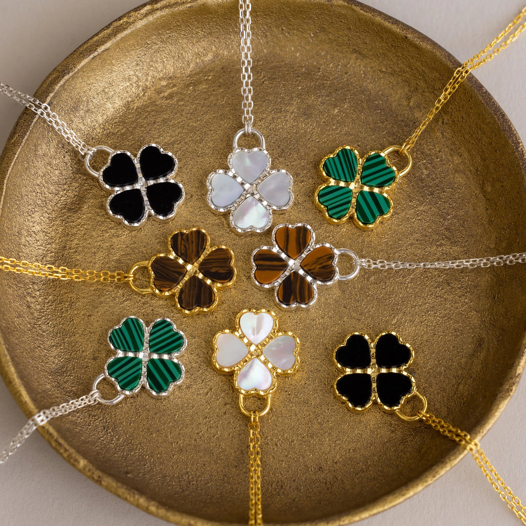 Tiger's Eye Clover Pendant Necklace Silver 18K Gold Plated