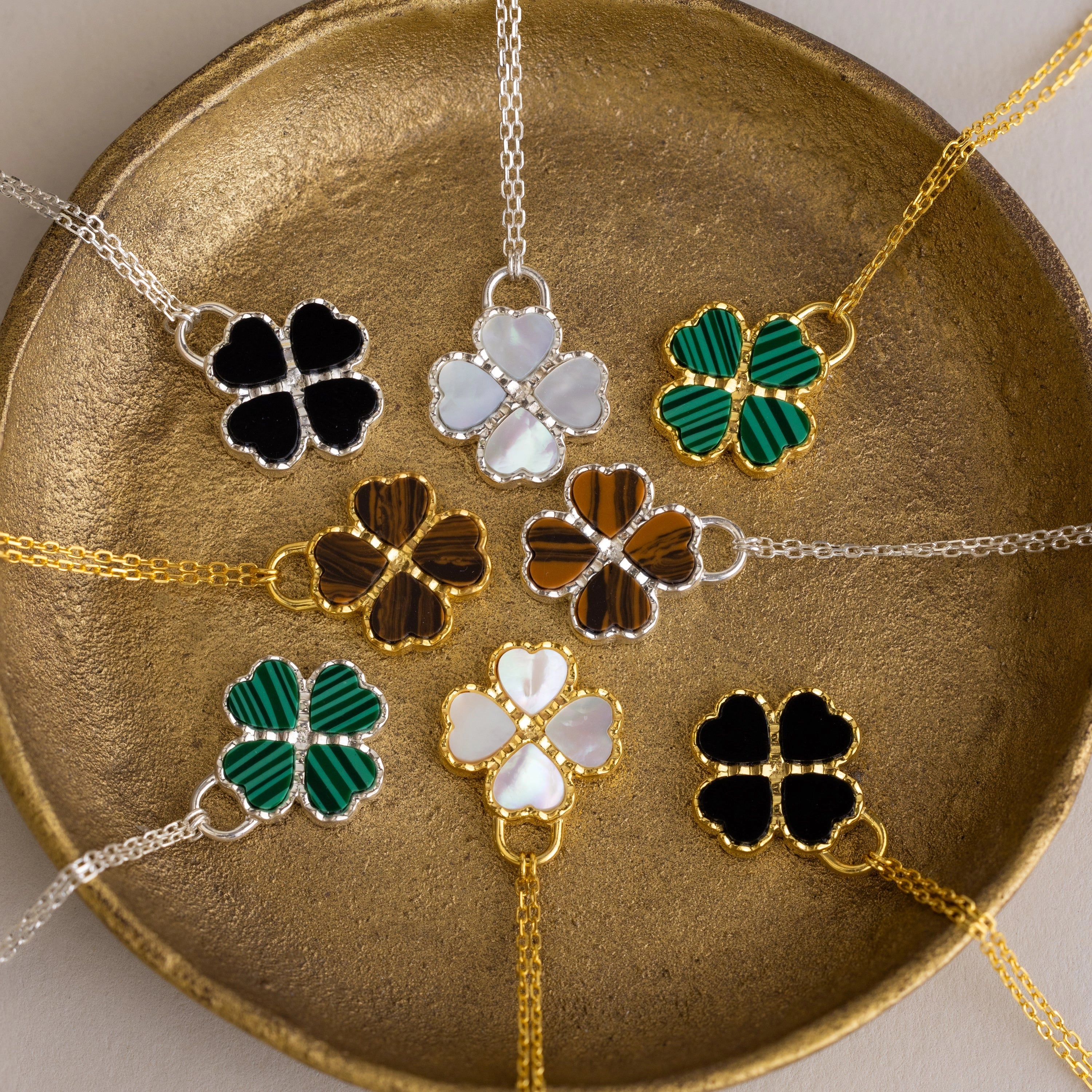Tiger's Eye Clover Pendant Necklace Silver 18K Gold Plated