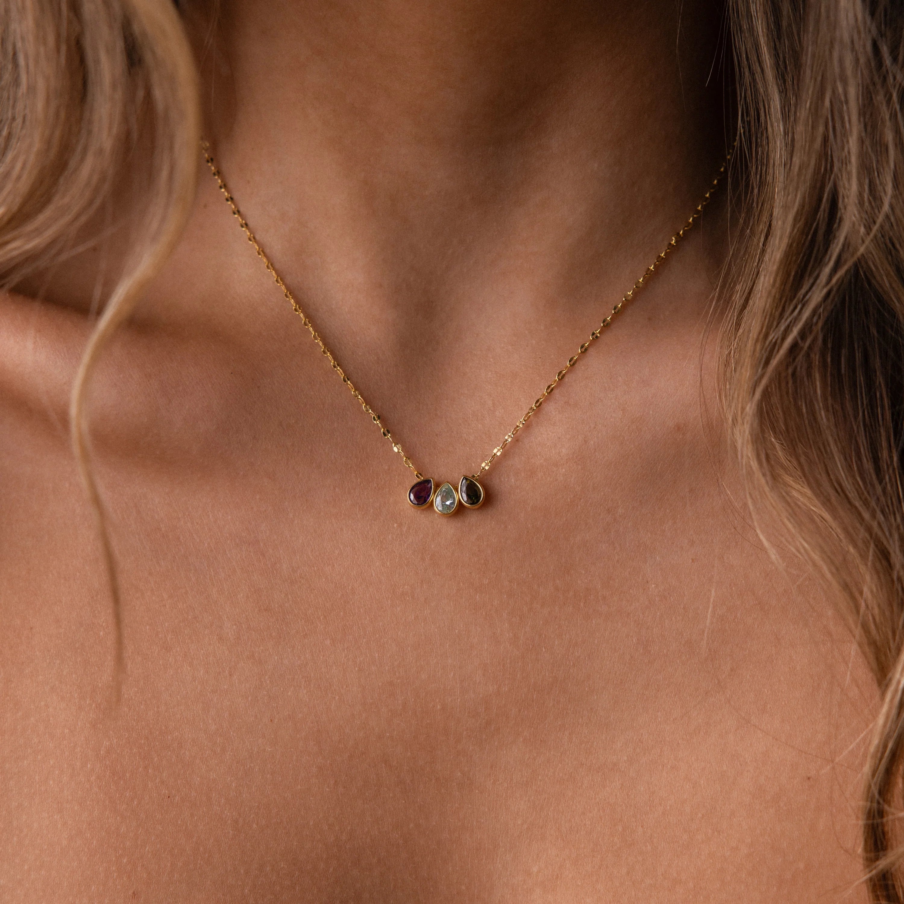 Multiple Teardrop Birthstone Necklace  Silver 18K Gold Plated