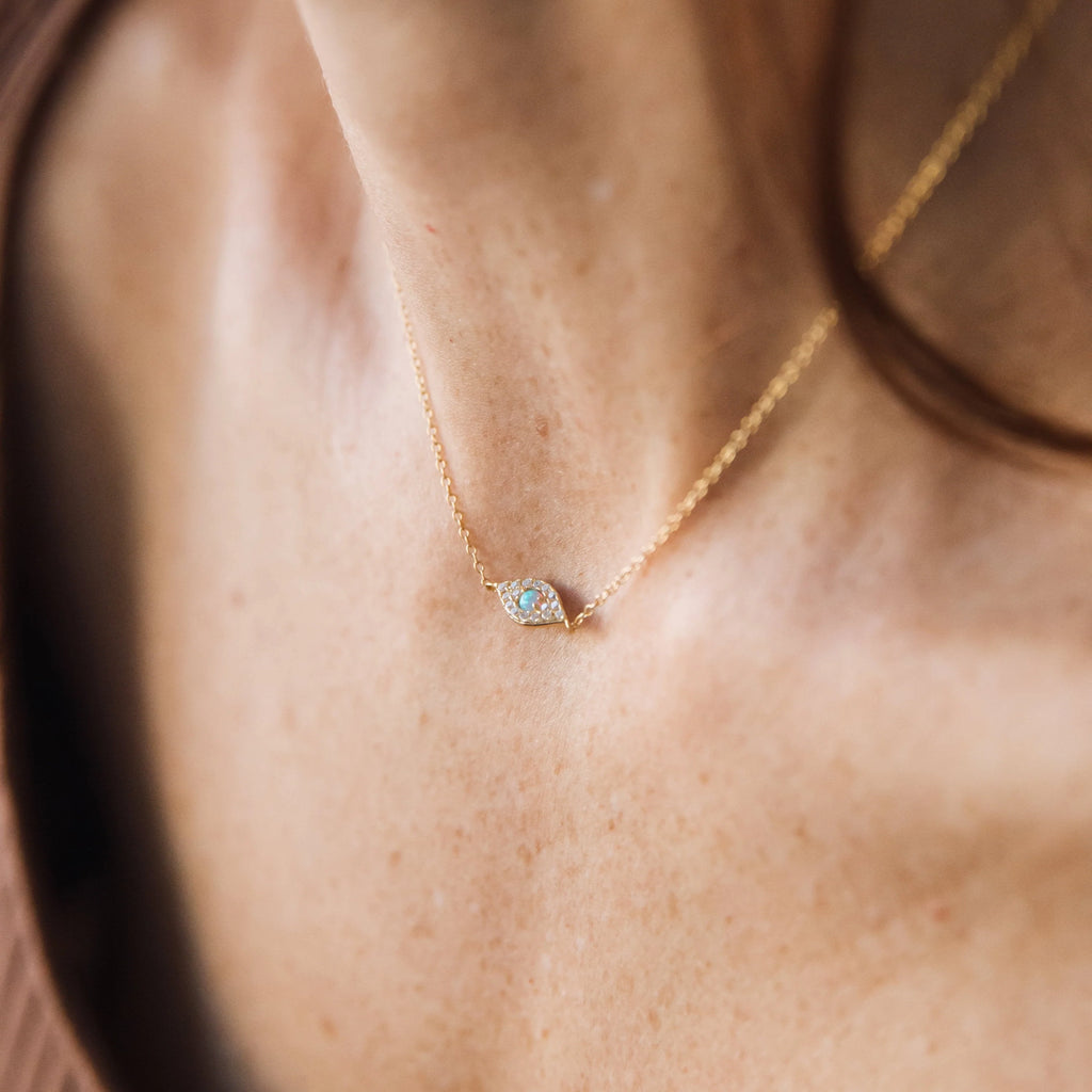 Opal Pave Eye Charm Necklace Silver 18K Gold Plated