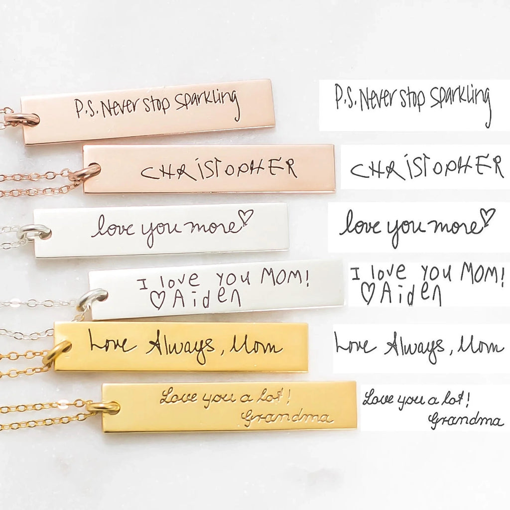 Vertical Handwriting Bar Necklace Silver 18K Gold Plated