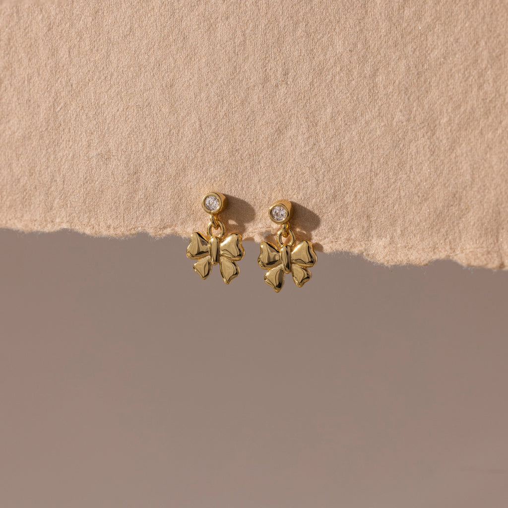 Diamond Bow Drop Studs Silver 18K Gold Plated