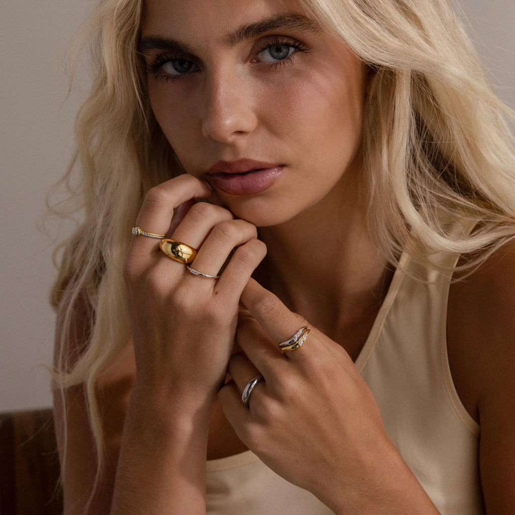 Diamond Mixed Metal Curve Ring Set Silver 18K Gold Plated
