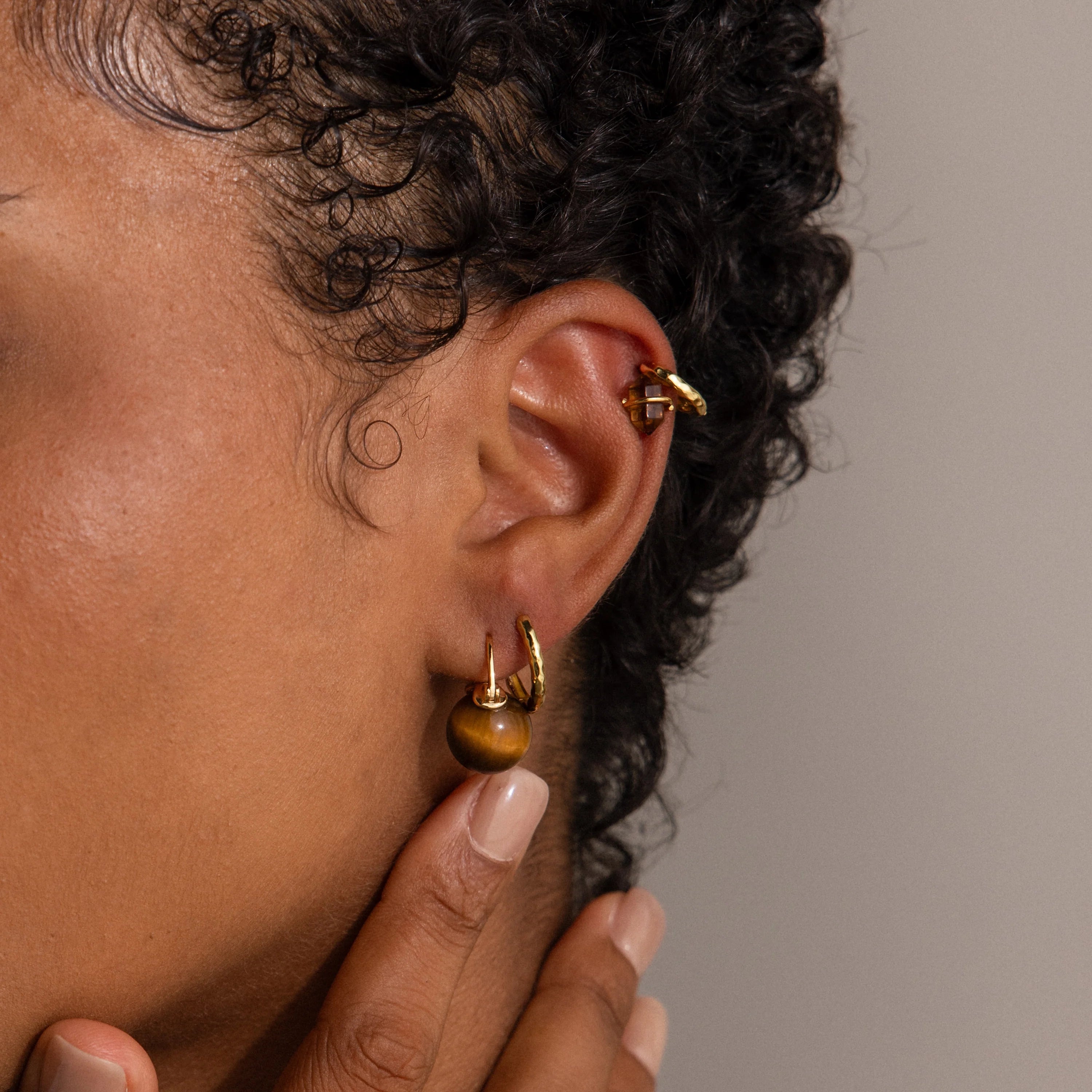 Tiger's Eye Dome Drop Earrings Silver 18K Gold Plated