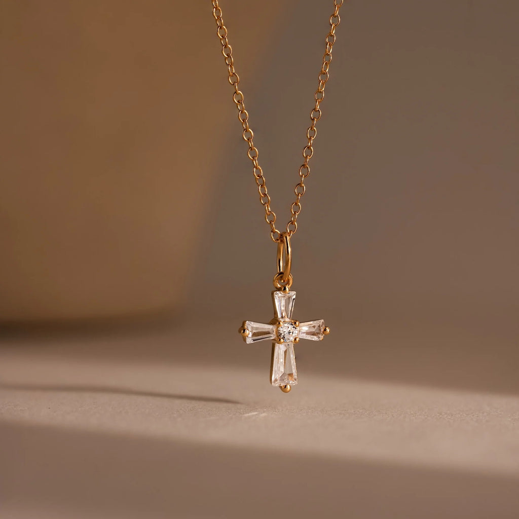 Diamond Art Deco Cross Necklace Silver 18K Gold Plated