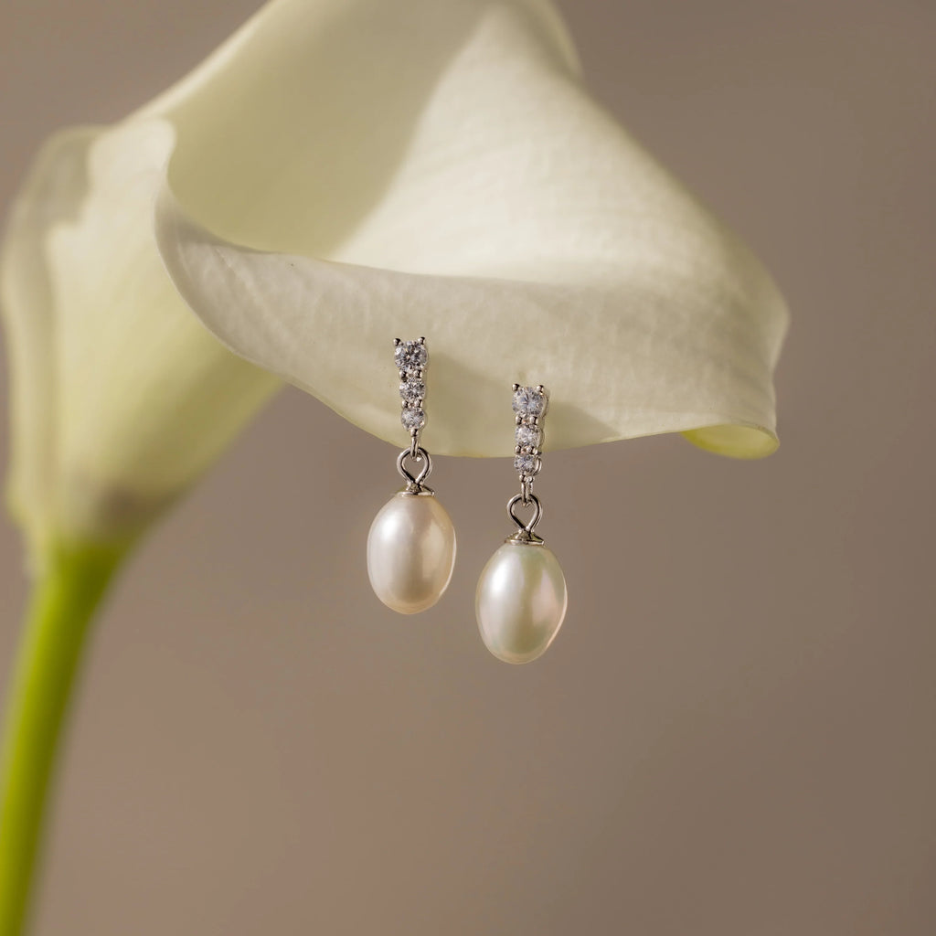 Diamond Freshwater Pearls Earrings Silver 18K Gold Plated