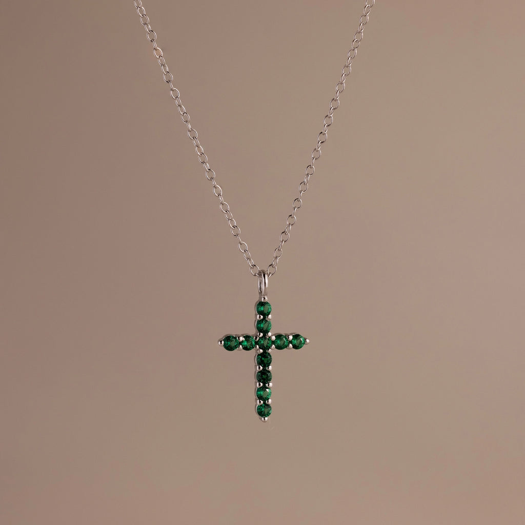 Emerald Cross Charm Necklace Silver 18K Gold Plated