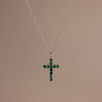 Emerald Cross Charm Necklace Silver 18K Gold Plated