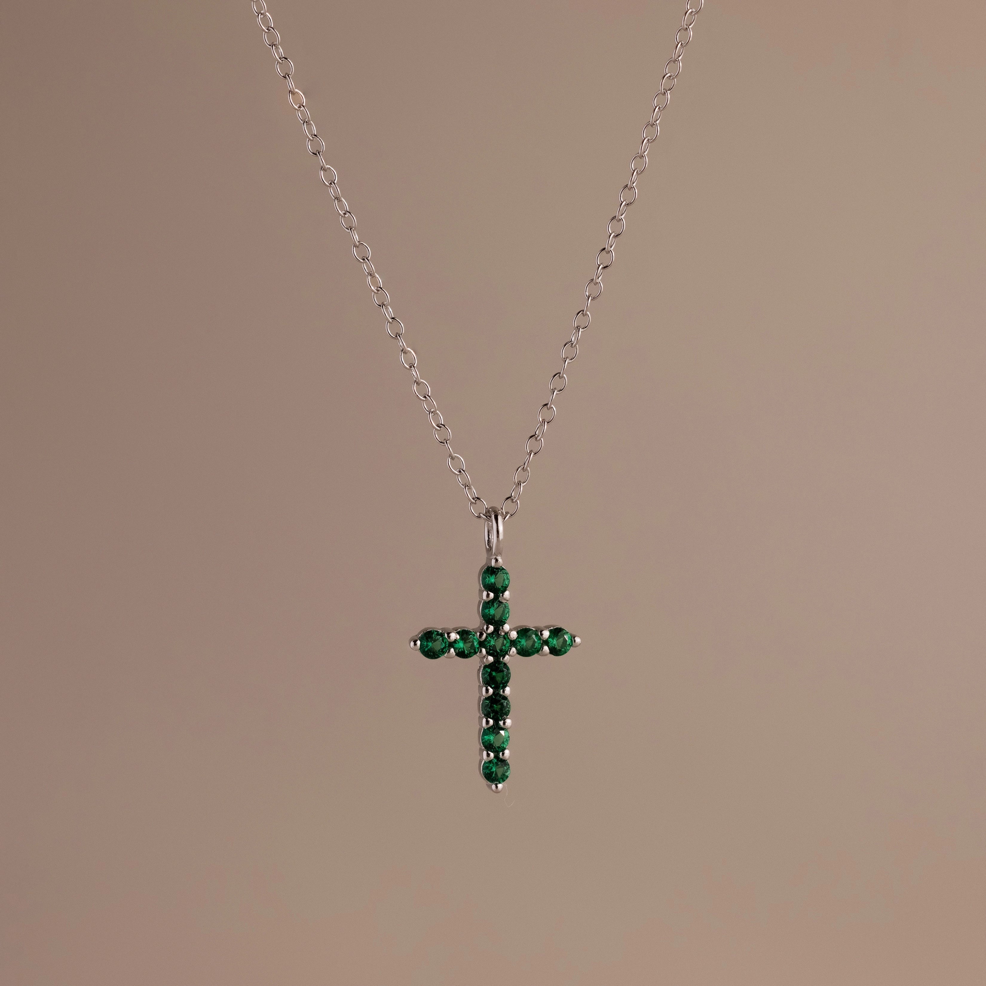 Emerald Cross Charm Necklace Silver 18K Gold Plated