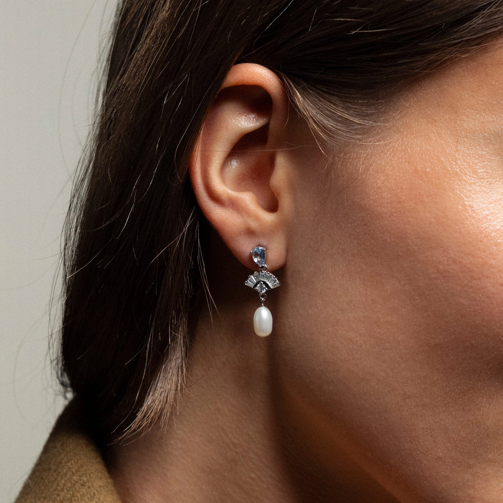 Diamond Aquamarine Pearl Drop Earrings Silver 18K Gold Plated