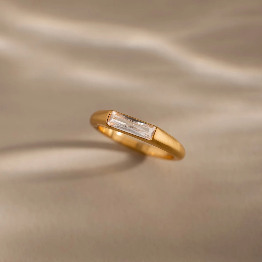 Baguette Cut Diamond Signet Ring Silver 18K Gold Plated