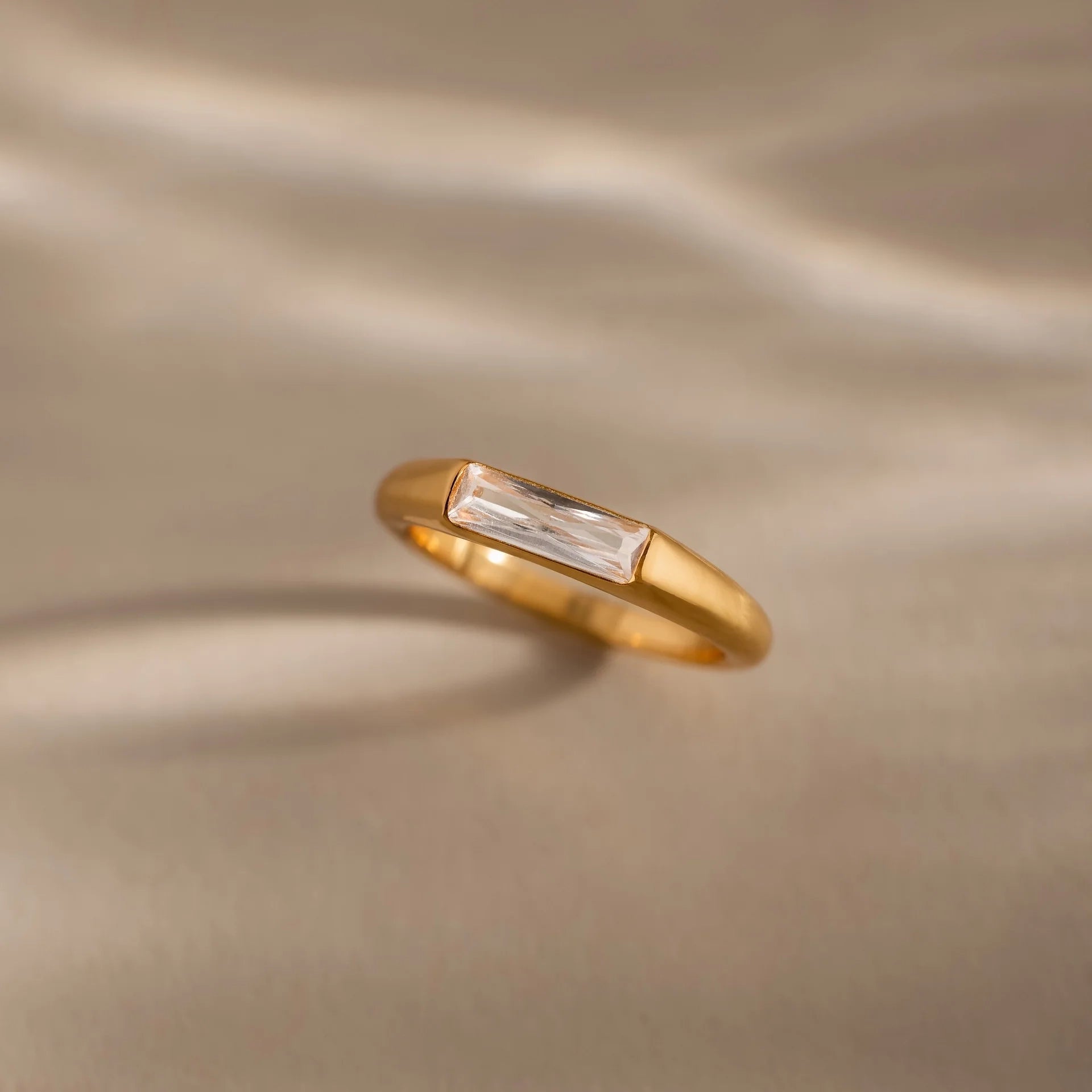 Baguette Cut Diamond Signet Ring Silver 18K Gold Plated