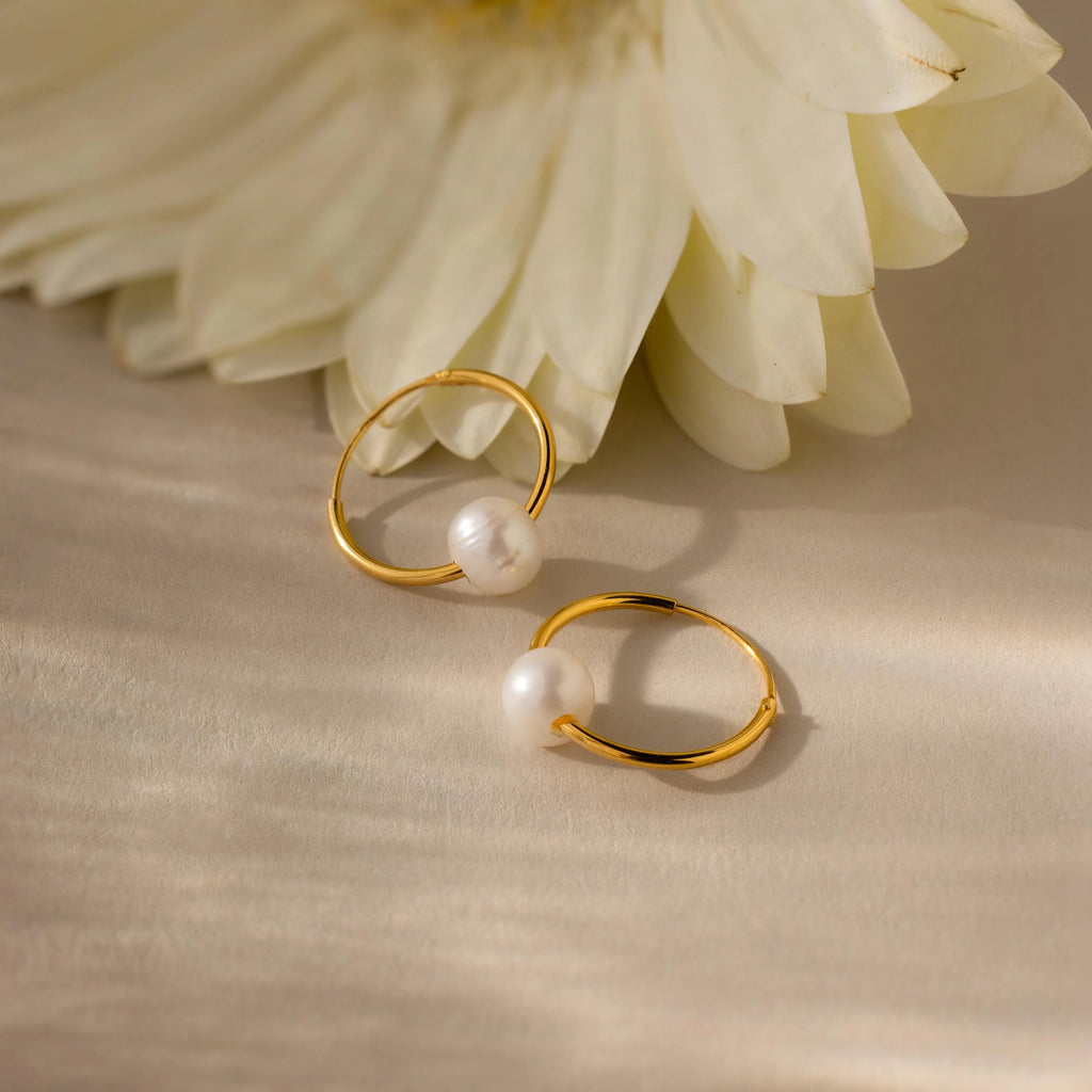 Round Pearl Hoops Silver 18K Gold Plated