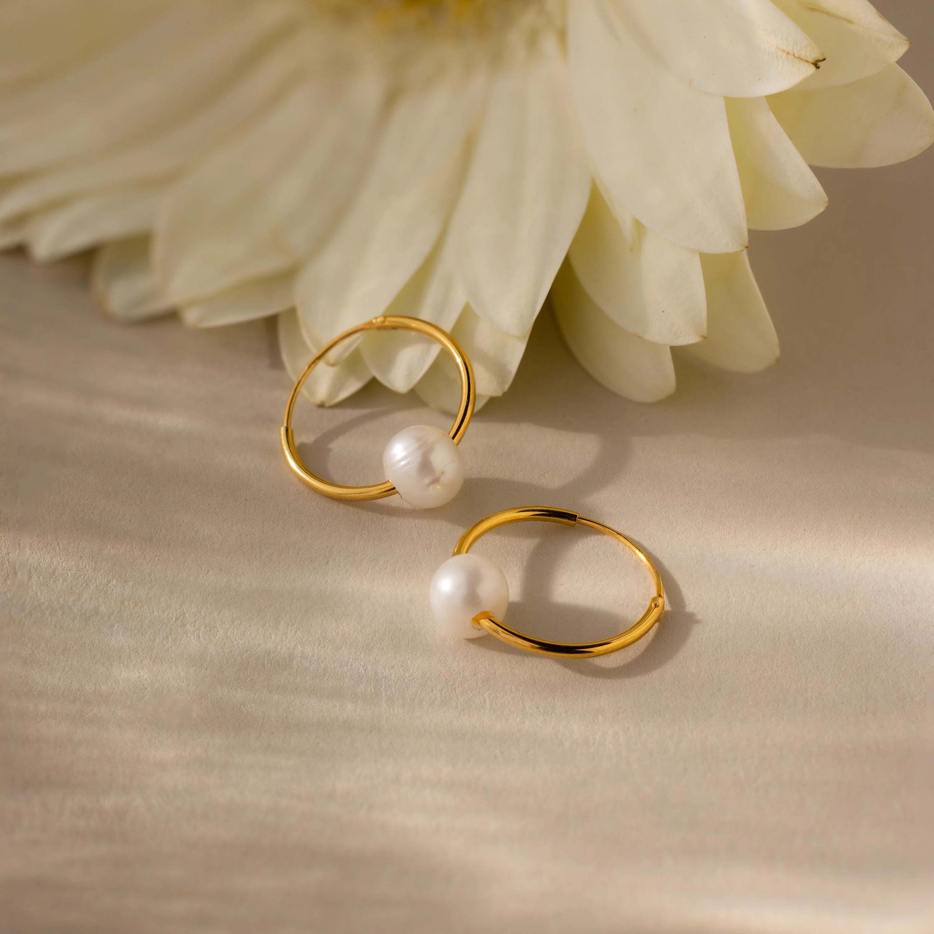 Round Pearl Hoops Silver 18K Gold Plated