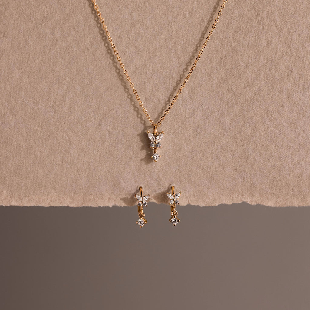 Diamond Butterfly Necklace & Earrings Set Silver 18K Gold Plated