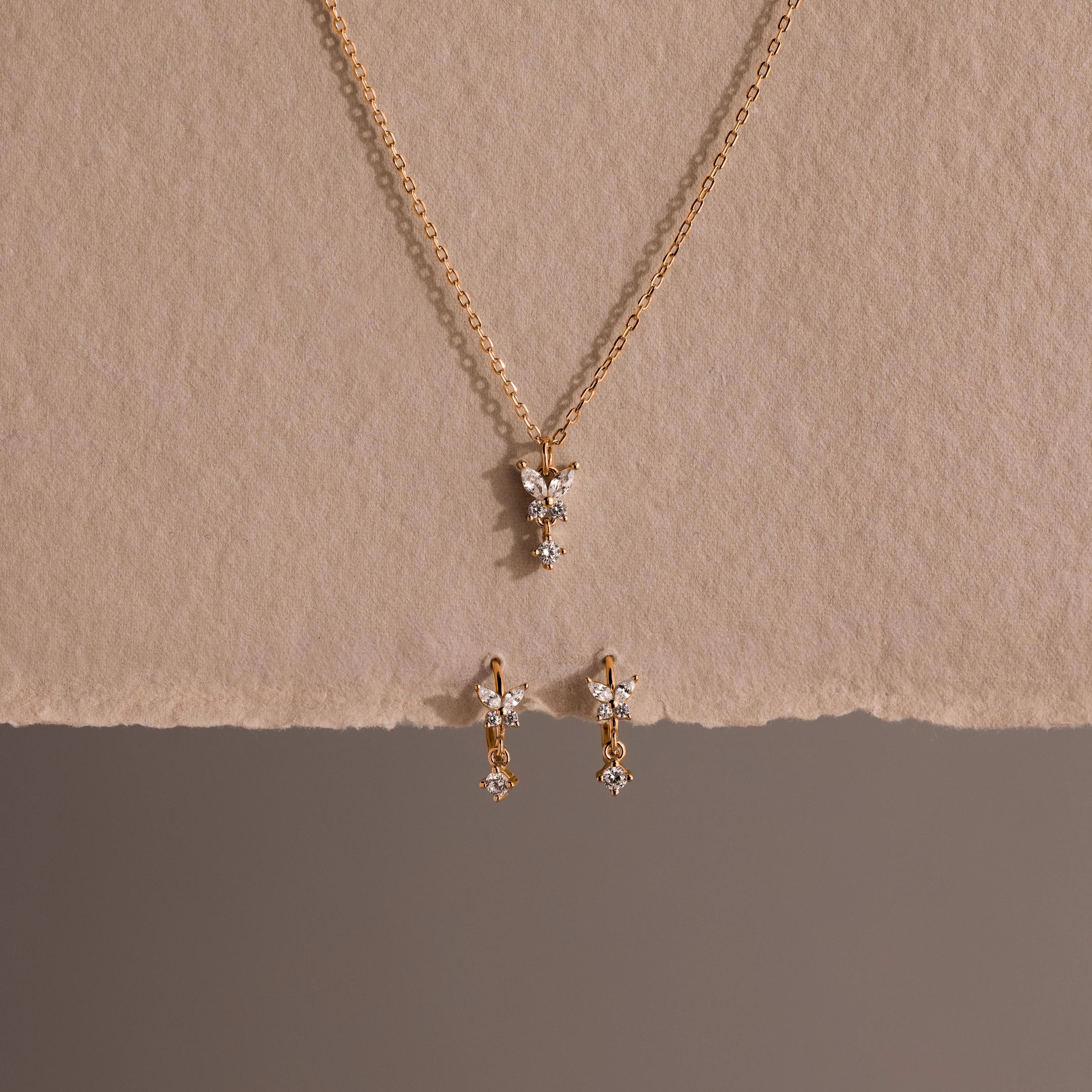 Diamond Butterfly Necklace & Earrings Set Silver 18K Gold Plated