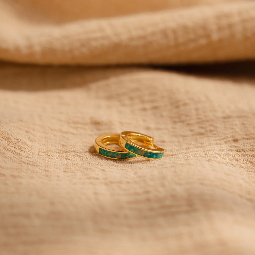 Green Opal Inlay Huggies  Silver 18K Gold Plated