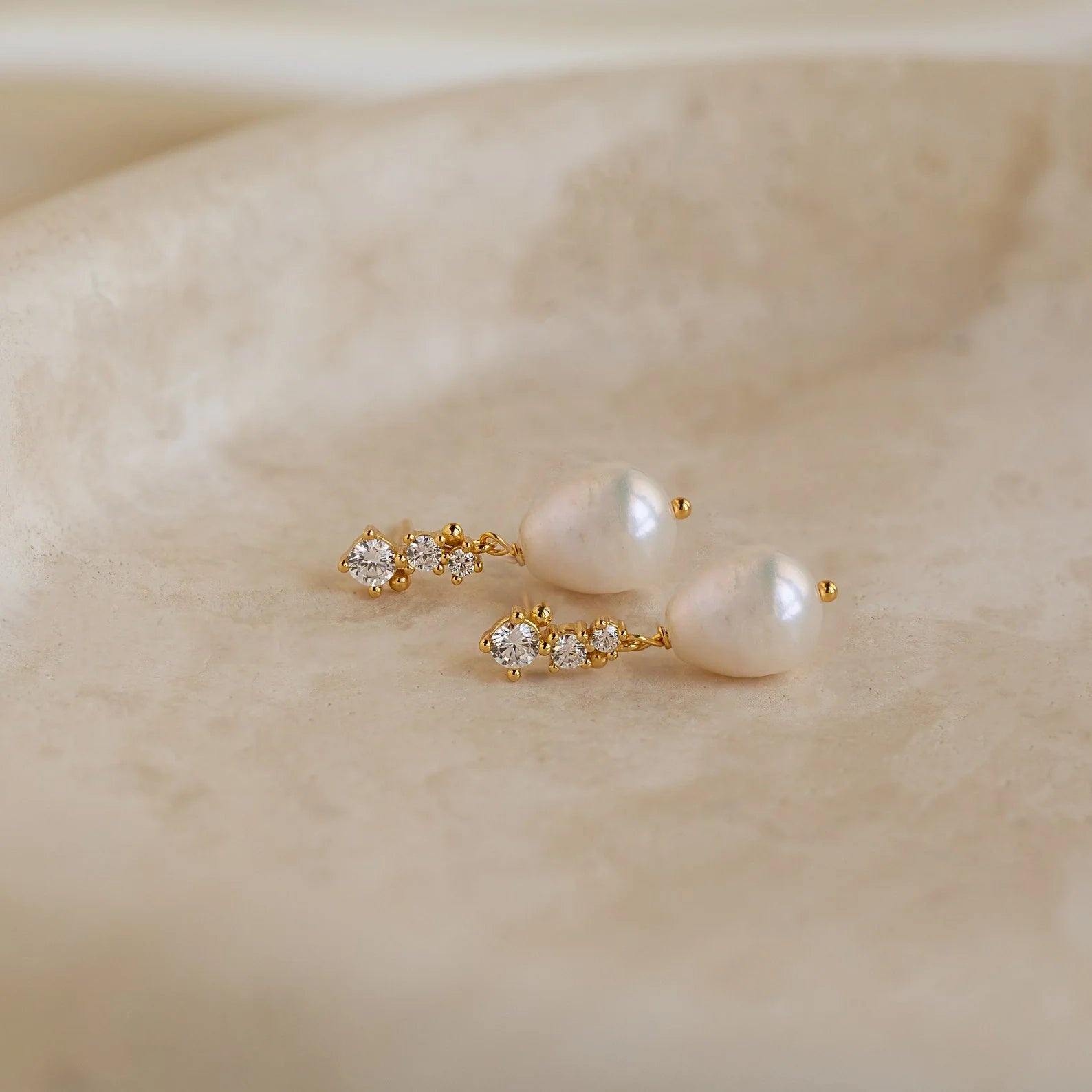 Diamond Pearl Drop Earrings Silver 18K Gold Plated
