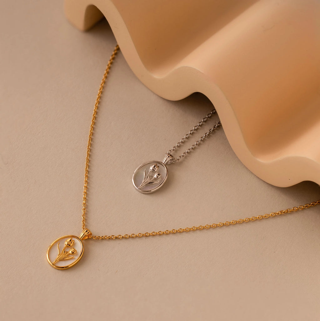 Pearl Tulip Pendant Necklace Silver 18K Gold Plated