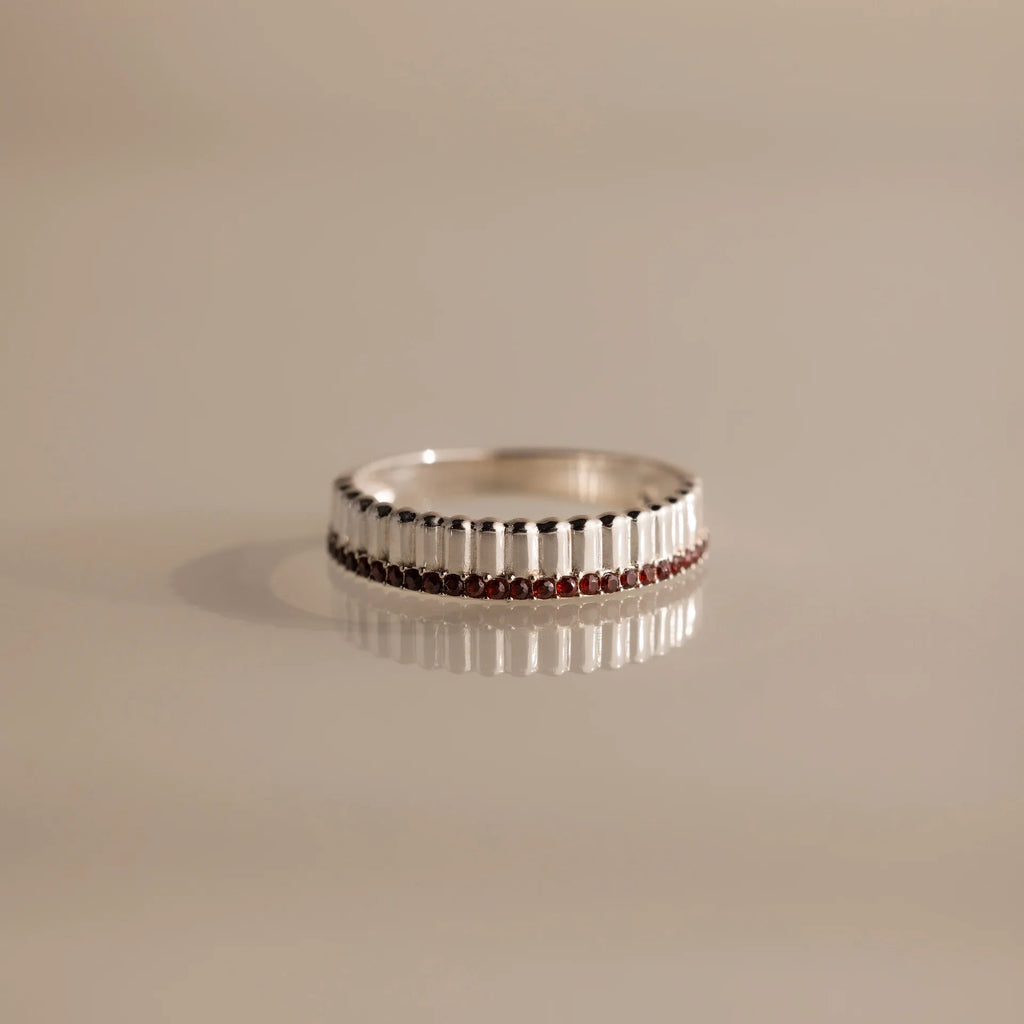 Garnet Ribbed Stack Ring Silver 18K Gold Plated
