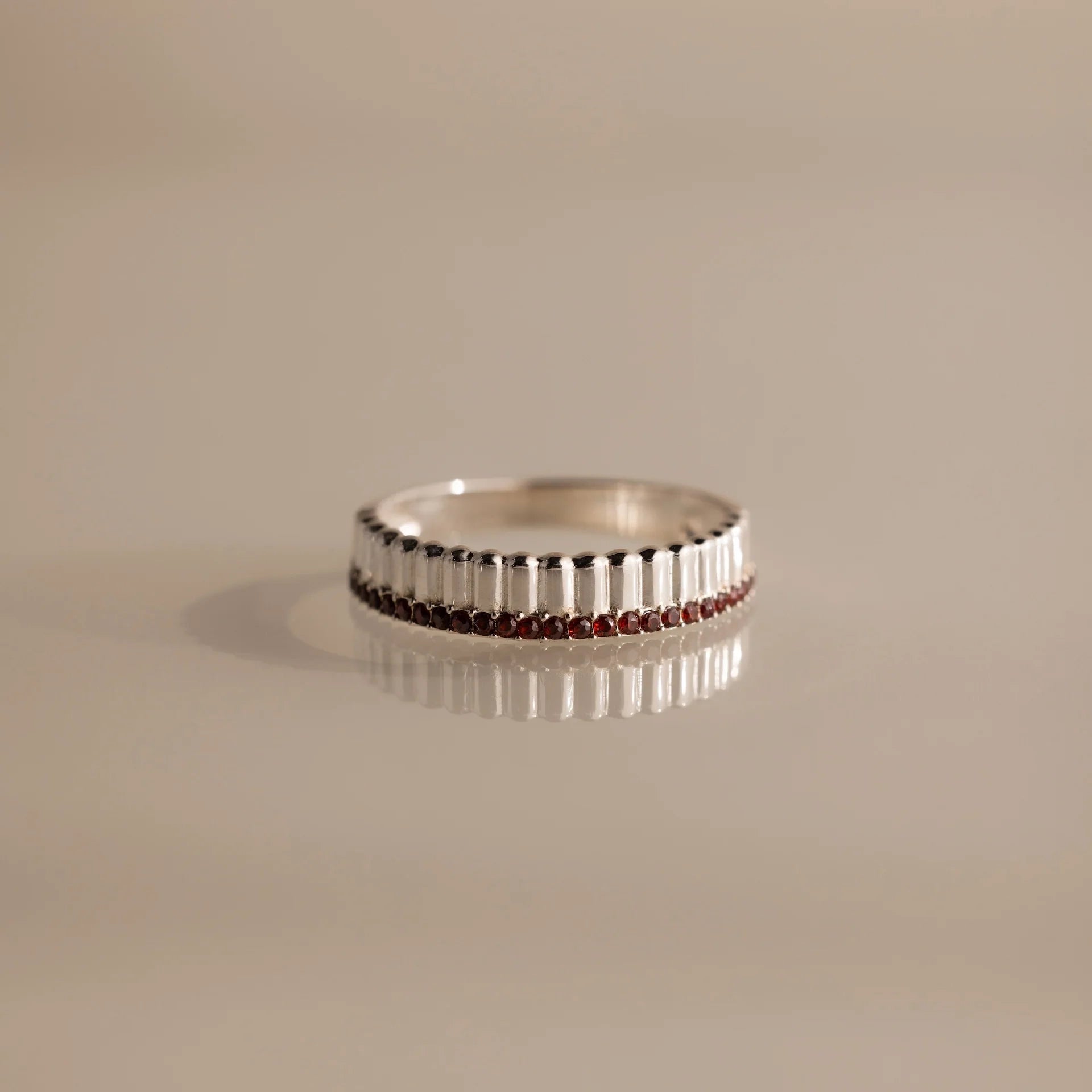 Garnet Ribbed Stack Ring Silver 18K Gold Plated