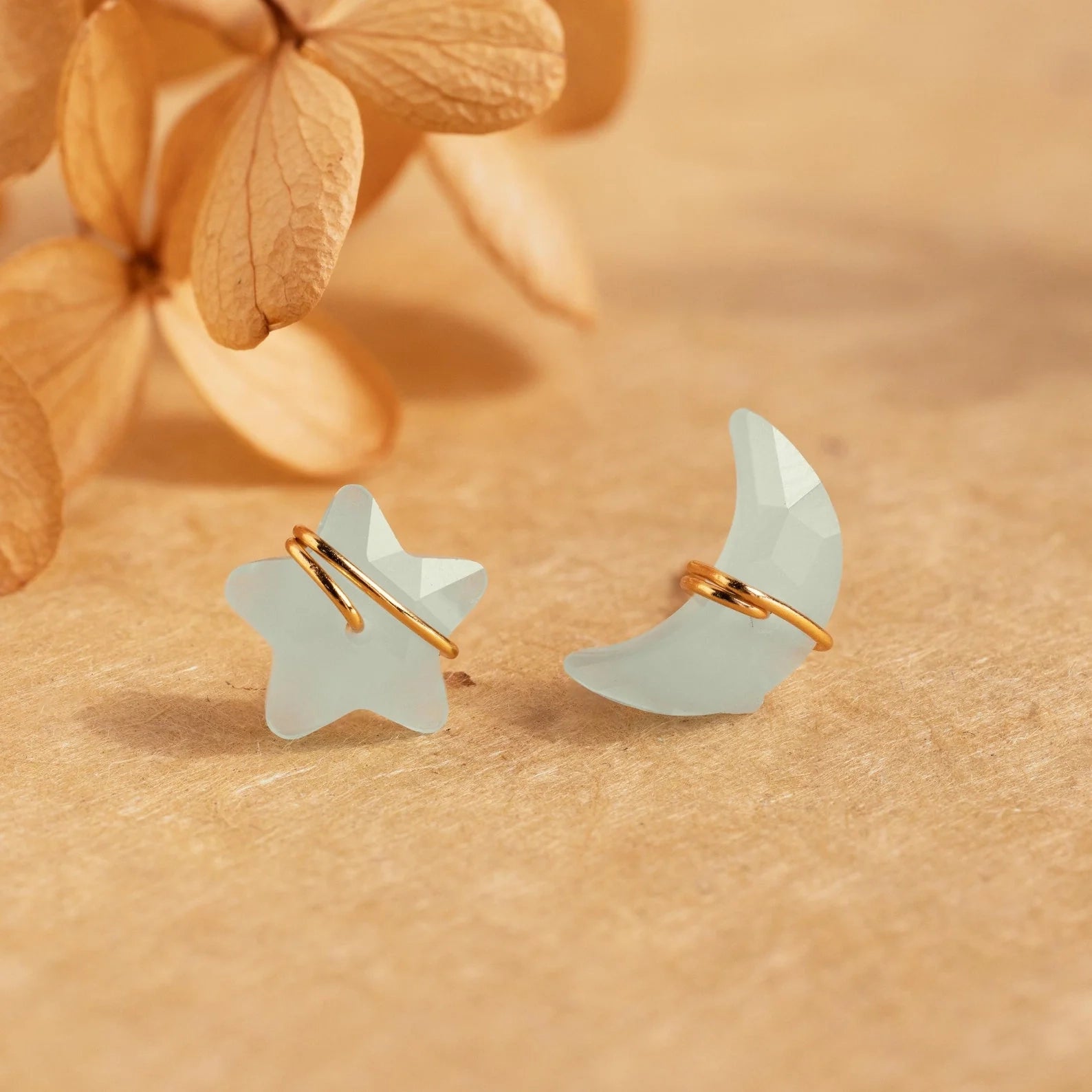 Aquamarine Moon & Star Studs Silver 18K Gold Plated